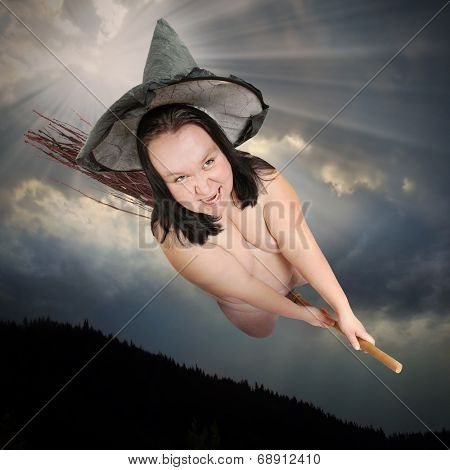Ugly witch flying on her magic broom. Halloween concept. 