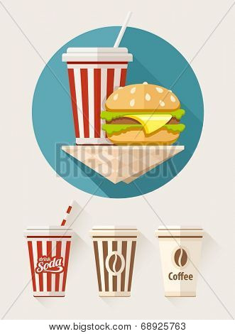 Hamburger and soda in paper cups flat icons set. Eps10 vector illustration