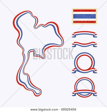 Outline map of Thailand. Border is marked with a ribbon in the national colors. The package contains a stamp with flag and frames. The file is made with no transparencies and gradients.