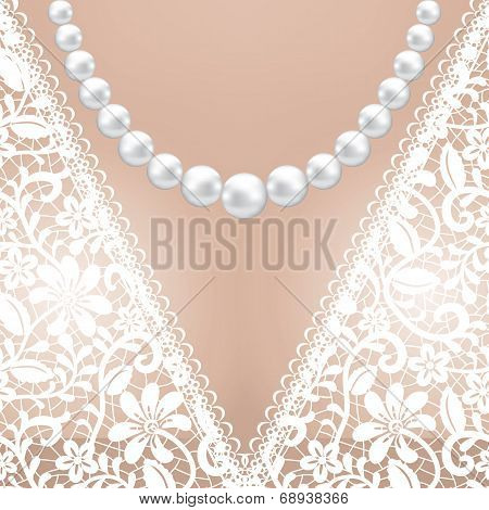 Decolette of white lace bridal dress