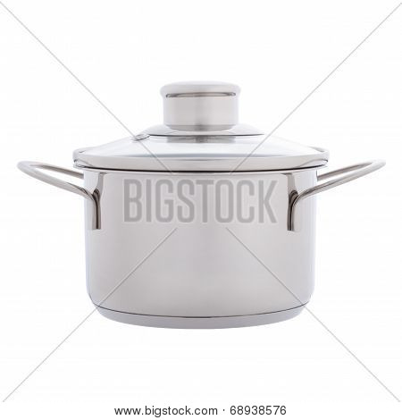 Side view of small stainless steel pan isolated on white