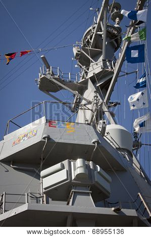 STATEN ISLAND, NY - MAY 25, 2014: Low angle port side view of the conning area on the guided-missile destroyer USS Cole (DDG 067) moored during Fleet Week NY at Sullivans Piers on May 25, 2014. 
