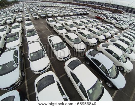 Koper, Slovenia - 2 May 2014: Aerial view on parket cars in Koper port in Slovenia.