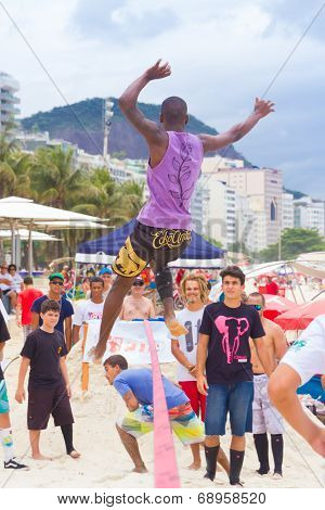 Slackline on Copacabana beach, Rio de Janeiro