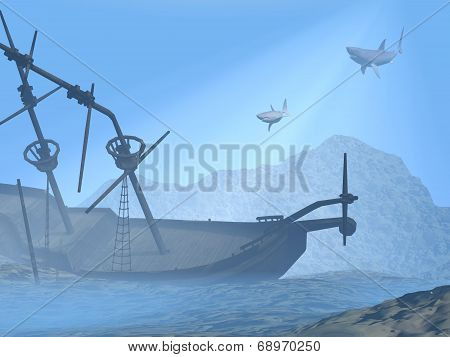 Shipwreck underwater - 3D render