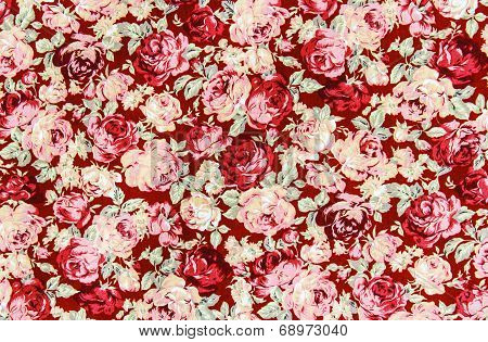 Red Rose Fabric Background, Fragment Of Colorful Retro Tapestry Textile Pattern With Floral Ornament