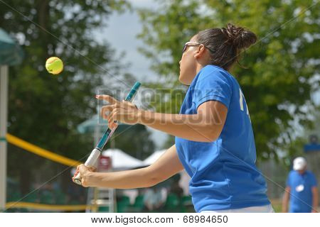 MOSCOW, RUSSIA - JULY 18, 2014: Federica Bacchetta of Italy in the match against France during ITF Beach Tennis World Team Championship. Italy won 3-0