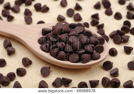 Chocolate Chips In Wooden Spoon