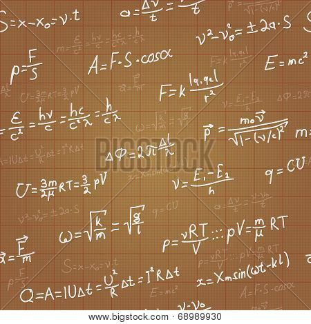 Physics formulas vector seamless pattern on brown blueprint. Vector