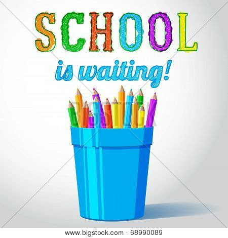 Vector glass with pencils and school is waiting greeting. vector
