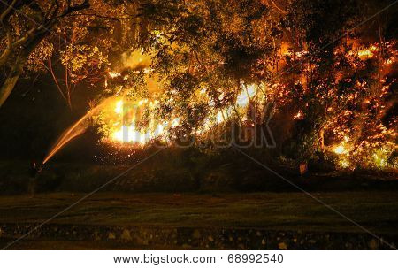 PUCHONG, MALAYSIA - JULY 26, 2014: A fire-fighter sprays water into the burning bushes in a forest fire at the foot hills of the Air Hitam Forest Reserve in Puchong, Malaysia. 