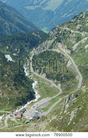Road And Buildings Nearby Sustenpass In Alps In Switzerland