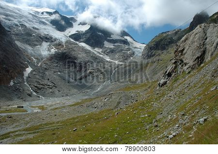 Valley And Glacier In Alps In Switzerland