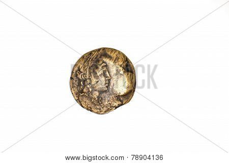 One ancient bronze coin with a portrait of Dionysus on a white background