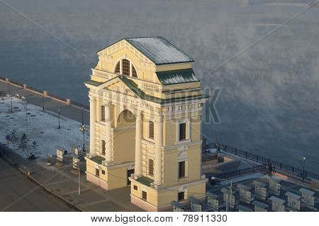 Moscow's Gates and floating Angara River. Irkutsk