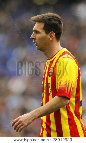 BARCELONA - MARCH, 29: Leo Messi of FC Barcelona in action during a Spanish League match against RCD Espanyol at the Estadi Cornella on March 29, 2014 in Barcelona, Spain