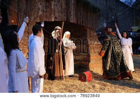 ZAGREB, CROATIA - JANUARY 04, 2014: The religious spirit in the Advent in Zagreb especially can feel the front of the Cathedral, where Community Cenacolo organizes live Christmas nativity scene.