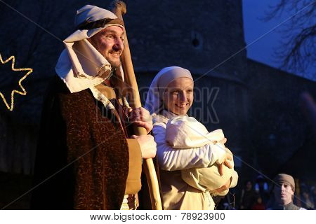 ZAGREB, CROATIA - JANUARY 04, 2014: The religious spirit in the Advent in Zagreb especially can feel the front of the Cathedral, where Community Cenacolo organizes live Christmas nativity scene.