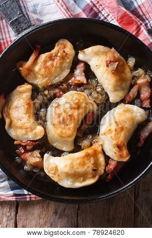 Fried Dumplings In A Pan Macro. Vertical Top View