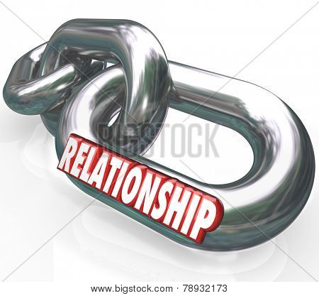 Relationship word in 3d letters on metal chain links to illustrate family relationship, partnership, cooperation or collaboration as working or living together