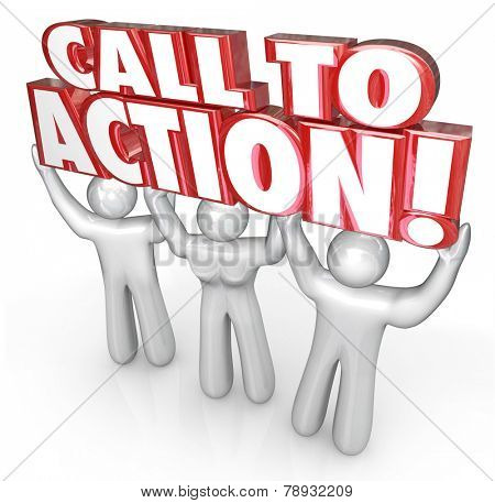 Call to Advertising people lifting 3d words to illustrade an audience or customers responding to a message of marketing or advertising