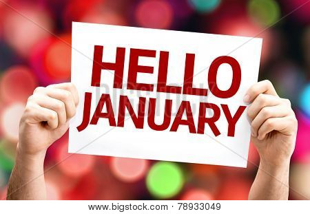 Hello January card with colorful background with defocused lights