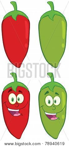 Smiling Chili Pepper Cartoon Character. Collection Set