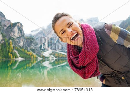 Portrait Of Smiling Young Woman On Lake Braies In South Tyrol, I
