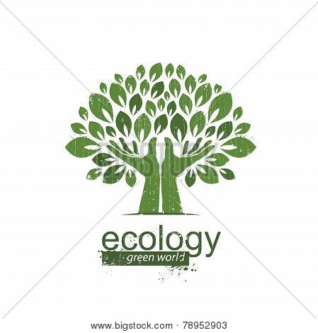 tree and hands. Logo, icon. Vector illustration