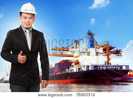 Business Man And Comercial Ship With Container On Port Use For Import ,export And Shipping Logistic