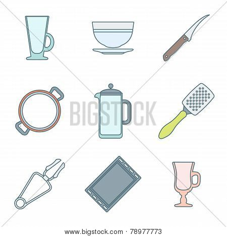 various color outline dinnerware icons set