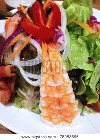 Closed Up Salad With Shrimp And Japanease Sauce