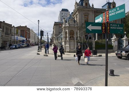 Central square of Punta Arens, Chile.