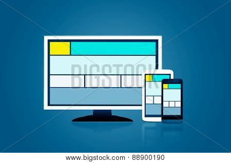 Responsive Web Design Layout On Different Devices. Set On Dark Background