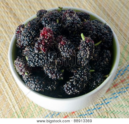 Delicious Ripe Mulberry In A White Bowl