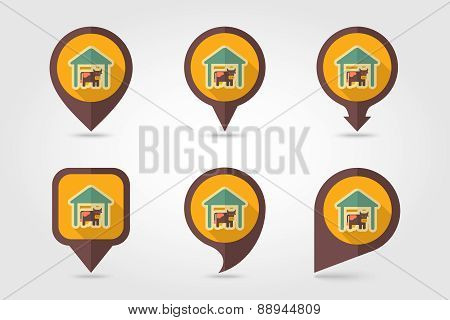Cowshed flat mapping pin icon with long shadow