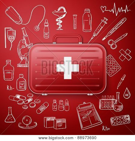 medical chest and hand draw medicine icon