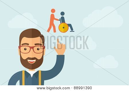 Man pointing the man pushing a friend in wheelchair icon