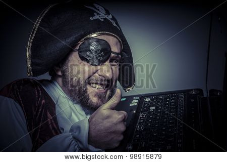 Robbery, computer security, hacker pirate dress with hat and skull