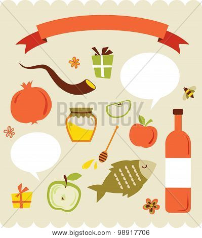 set of Jewish new year icons, Happy Shana Tova. Happy New Year in Hebrew