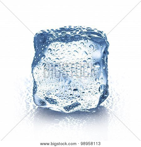Ice Cube With Water Drops Close-up Isolated On A White Background