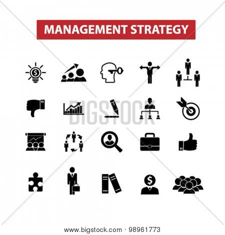 management strategy, goal, leadership, team icons, signs, illustrations set, vector