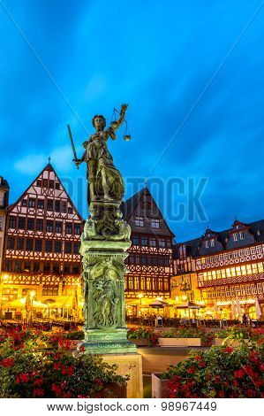 old town square romerberg with Justitia statue in Frankfurt Germany