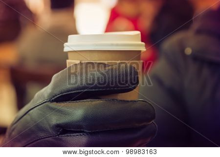 Hot Coffee With Grab With Hand Glove