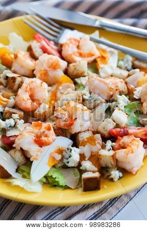 Fresh Shrimps, Eggs, Croutons And Vegetables Salad