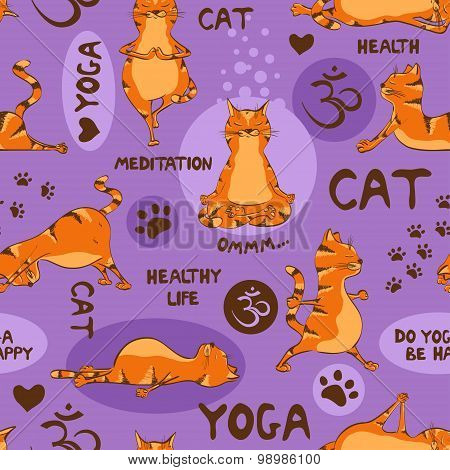 Seamless Pattern With Red Cat Doing Yoga Position.