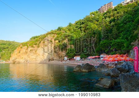 BUDVA MONTENEGRO - SEPTEMBER 18 2015: Morning view of Mogren beach in popular resort town of Budva Montenegro
