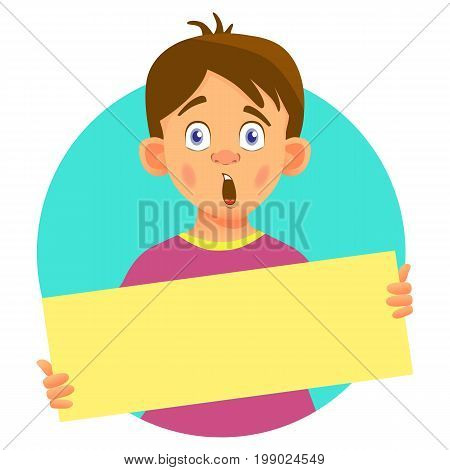 Surprised Boy holding blank poster. Blank message vector illustration. Hands holding blank paper