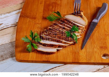 Sliced Chicken Breast Fillet Selective Focus On Wooden Background
