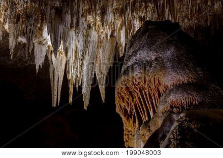 stalagmite resembling a monster with flowstone mouth and spikes behind in Carlsbad Caverns National Park New Mexico
